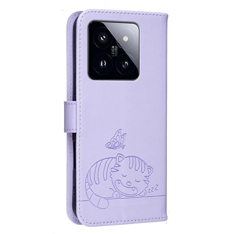 For Xiaomi 14 Pro Cat Butterfly Embossed RFID Vegan Leather Phone Case with Strap
