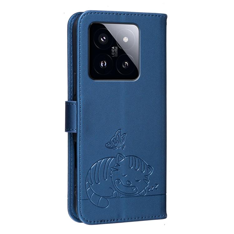 For Xiaomi 14 Pro Cat Butterfly Embossed RFID Vegan Leather Phone Case with Strap