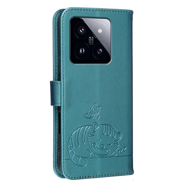 For Xiaomi 14 Pro Cat Butterfly Embossed RFID Vegan Leather Phone Case with Strap