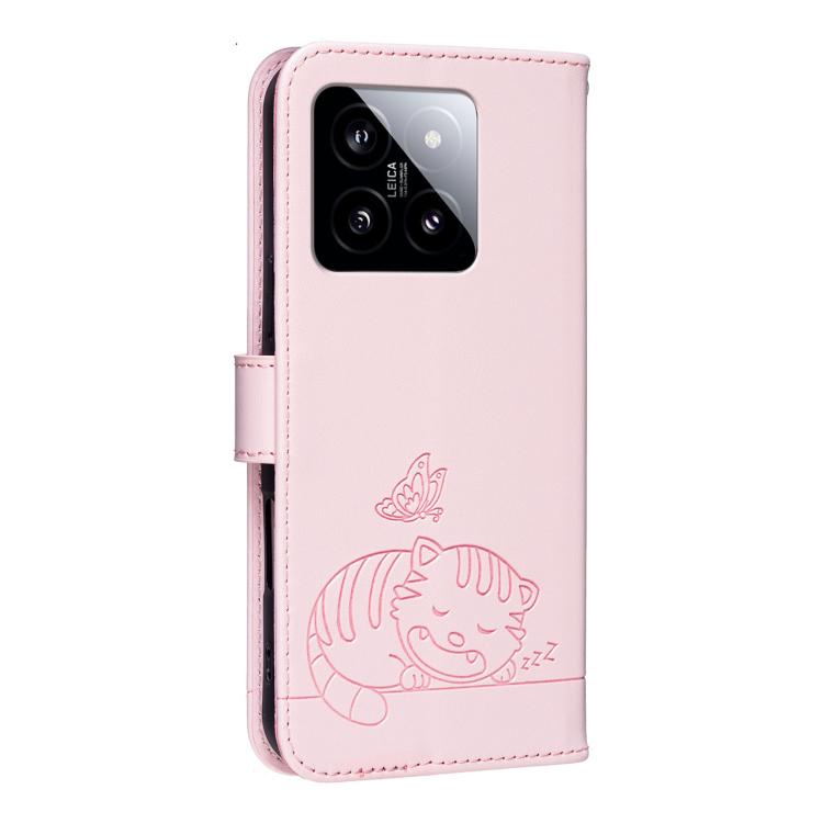 For Xiaomi 14 Cat Butterfly Embossed RFID Vegan Leather Phone Case with Strap