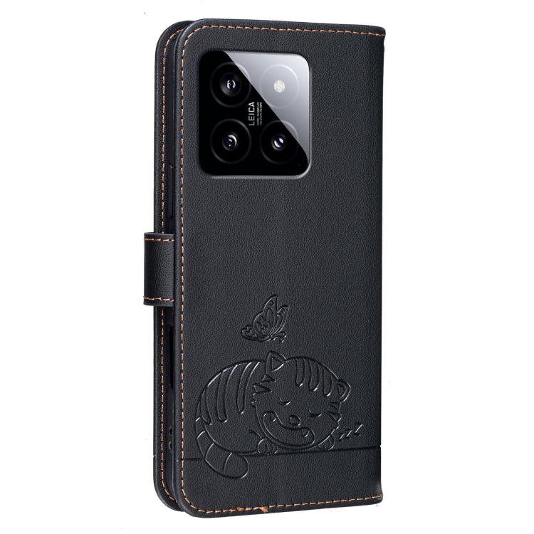 For Xiaomi 14 Cat Butterfly Embossed RFID Vegan Leather Phone Case with Strap