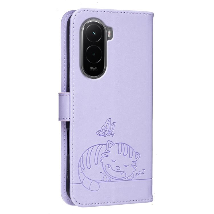 For Xiaomi 14 Cat Butterfly Embossed RFID Vegan Leather Phone Case with Strap