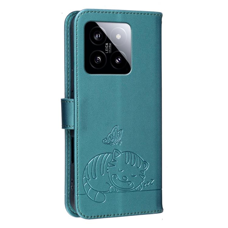 For Xiaomi 14 Cat Butterfly Embossed RFID Vegan Leather Phone Case with Strap
