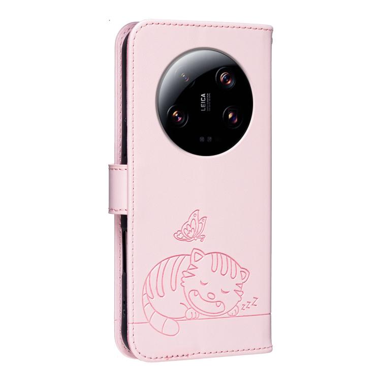 For Xiaomi 13 Ultra Cat Butterfly Embossed RFID Vegan Leather Phone Case with Strap