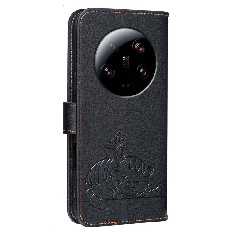 For Xiaomi 13 Ultra Cat Butterfly Embossed RFID Vegan Leather Phone Case with Strap