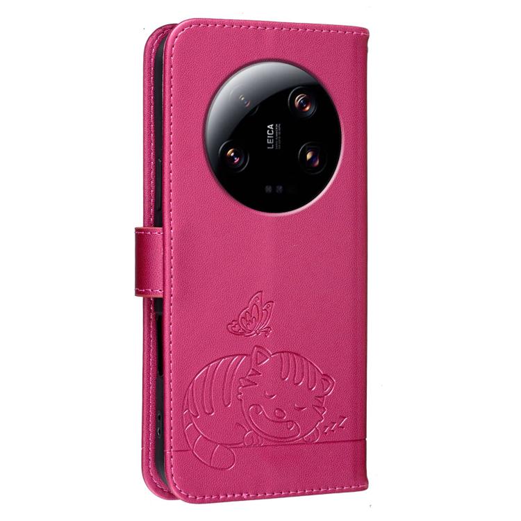 For Xiaomi 13 Ultra Cat Butterfly Embossed RFID Vegan Leather Phone Case with Strap