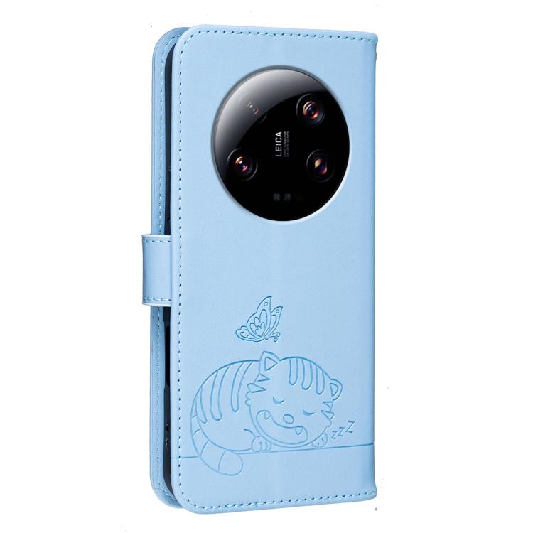 For Xiaomi 13 Ultra Cat Butterfly Embossed RFID Vegan Leather Phone Case with Strap