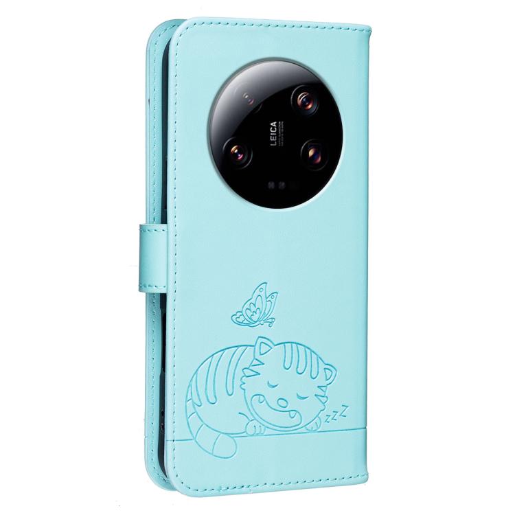 For Xiaomi 13 Ultra Cat Butterfly Embossed RFID Vegan Leather Phone Case with Strap