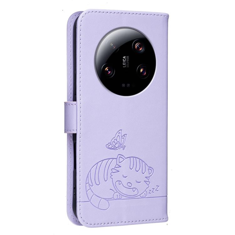 For Xiaomi 13 Ultra Cat Butterfly Embossed RFID Vegan Leather Phone Case with Strap