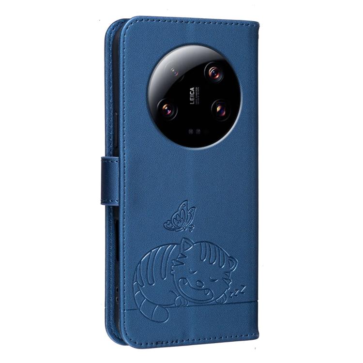 For Xiaomi 13 Ultra Cat Butterfly Embossed RFID Vegan Leather Phone Case with Strap
