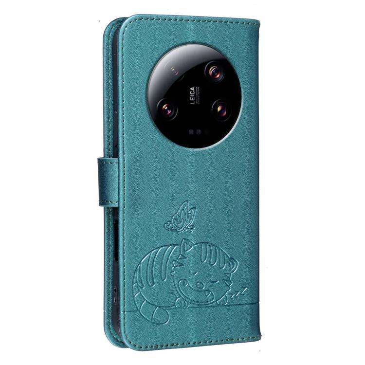 For Xiaomi 13 Ultra Cat Butterfly Embossed RFID Vegan Leather Phone Case with Strap