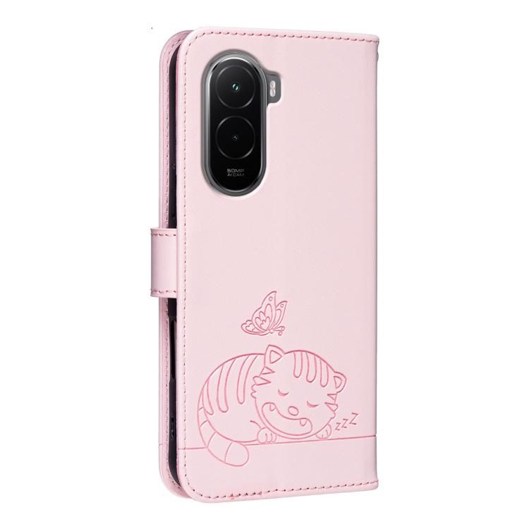 For Xiaomi Poco M7 4G 171mm Cat Butterfly Embossed RFID Vegan Leather Phone Case with Strap