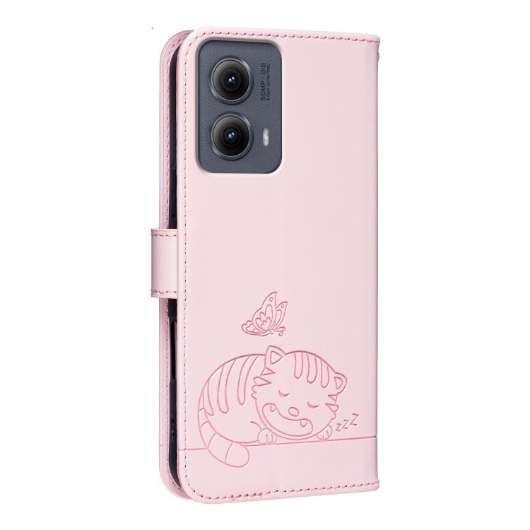 For Motorola Edge 5G 2024 Cat Butterfly Embossed RFID Vegan Leather Phone Case with Strap