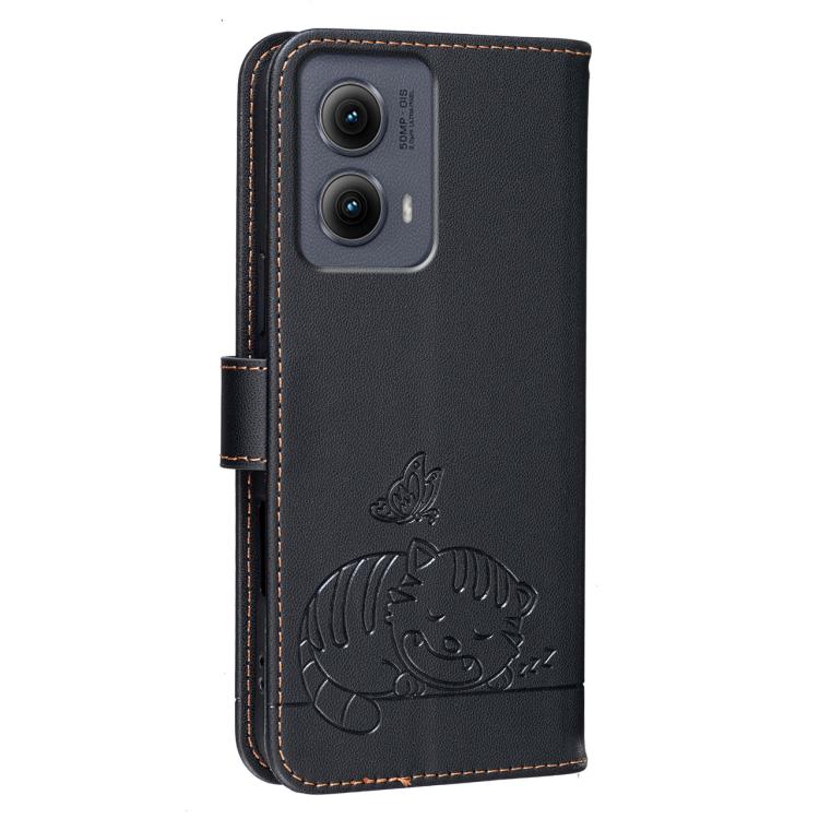 For Motorola Edge 5G 2024 Cat Butterfly Embossed RFID Vegan Leather Phone Case with Strap