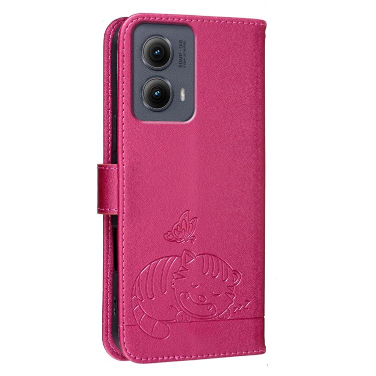 For Motorola Edge 5G 2024 Cat Butterfly Embossed RFID Vegan Leather Phone Case with Strap