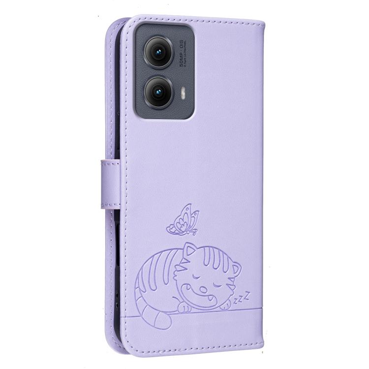 For Motorola Edge 5G 2024 Cat Butterfly Embossed RFID Vegan Leather Phone Case with Strap
