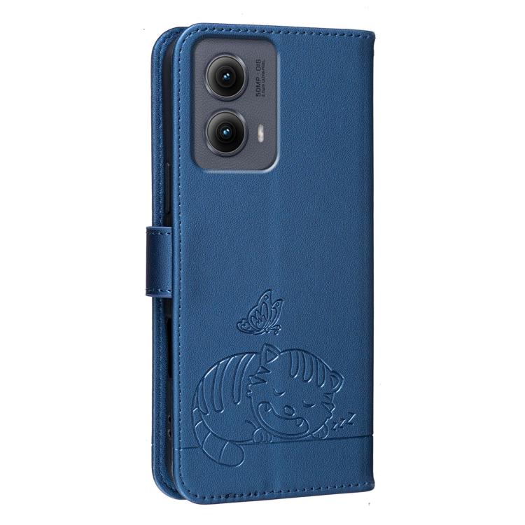 For Motorola Edge 5G 2024 Cat Butterfly Embossed RFID Vegan Leather Phone Case with Strap
