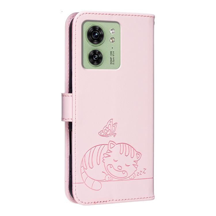 For Motorola Edge 40 Cat Butterfly Embossed RFID Vegan Leather Phone Case with Strap