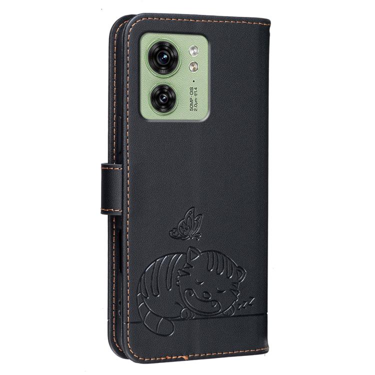 For Motorola Edge 40 Cat Butterfly Embossed RFID Vegan Leather Phone Case with Strap