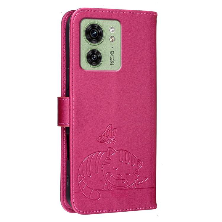 For Motorola Edge 40 Cat Butterfly Embossed RFID Vegan Leather Phone Case with Strap