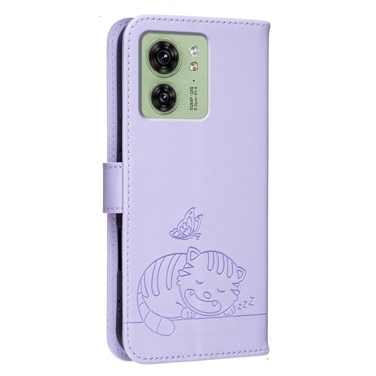 For Motorola Edge 40 Cat Butterfly Embossed RFID Vegan Leather Phone Case with Strap