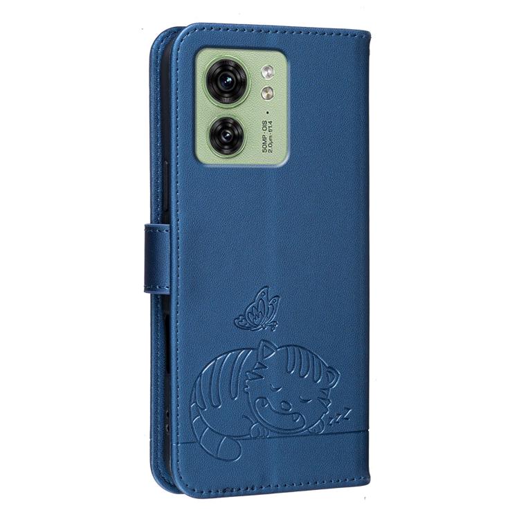 For Motorola Edge 40 Cat Butterfly Embossed RFID Vegan Leather Phone Case with Strap