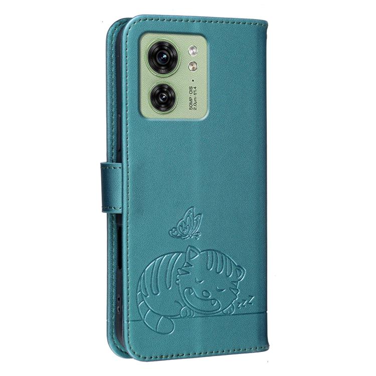 For Motorola Edge 40 Cat Butterfly Embossed RFID Vegan Leather Phone Case with Strap