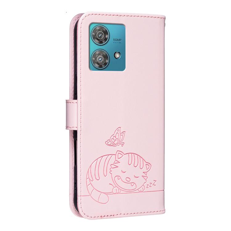 For Motorola Edge 40 Neo 5G Cat Butterfly Embossed RFID Vegan Leather Phone Case with Strap
