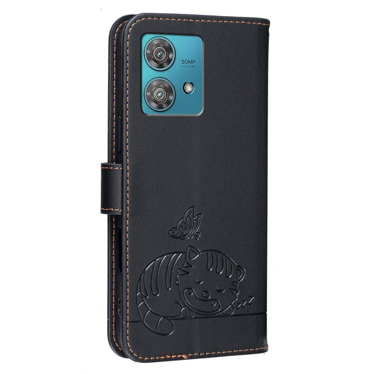 For Motorola Edge 40 Neo 5G Cat Butterfly Embossed RFID Vegan Leather Phone Case with Strap
