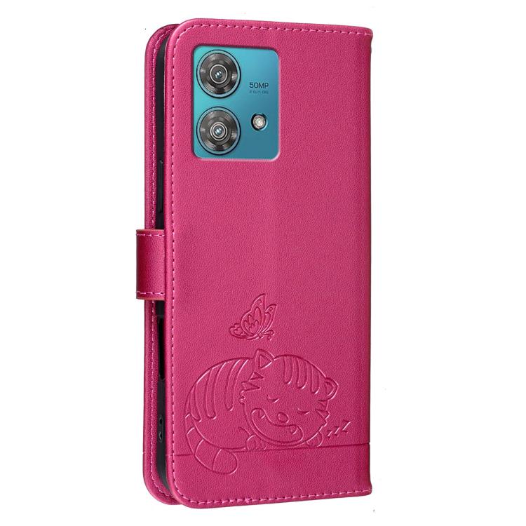 For Motorola Edge 40 Neo 5G Cat Butterfly Embossed RFID Vegan Leather Phone Case with Strap