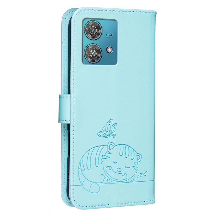 For Motorola Edge 40 Neo 5G Cat Butterfly Embossed RFID Vegan Leather Phone Case with Strap