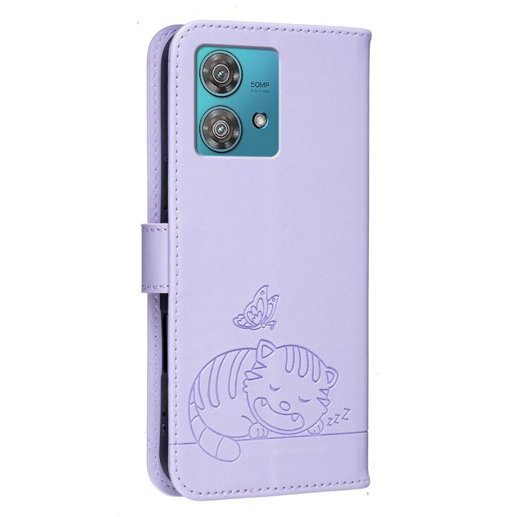 For Motorola Edge 40 Neo 5G Cat Butterfly Embossed RFID Vegan Leather Phone Case with Strap