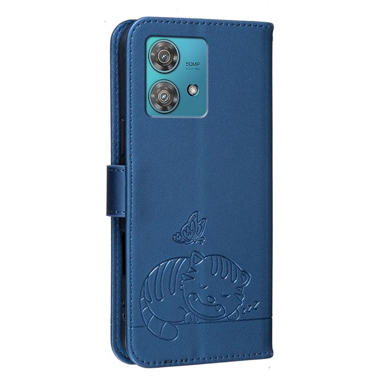 For Motorola Edge 40 Neo 5G Cat Butterfly Embossed RFID Vegan Leather Phone Case with Strap