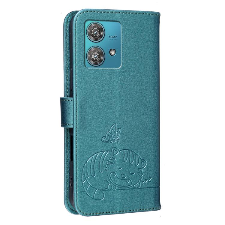 For Motorola Edge 40 Neo 5G Cat Butterfly Embossed RFID Vegan Leather Phone Case with Strap