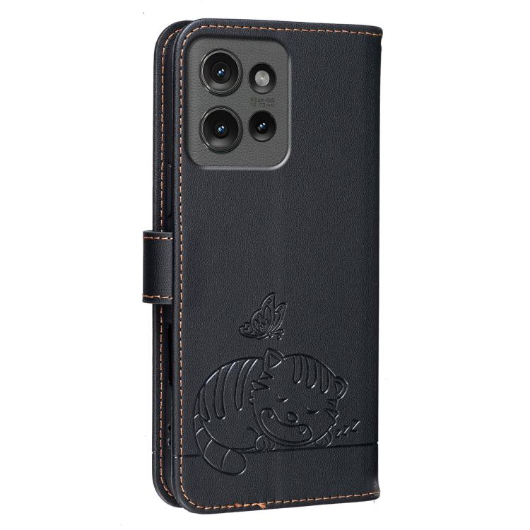 For Motorola Edge 50 Cat Butterfly Embossed RFID Vegan Leather Phone Case with Strap