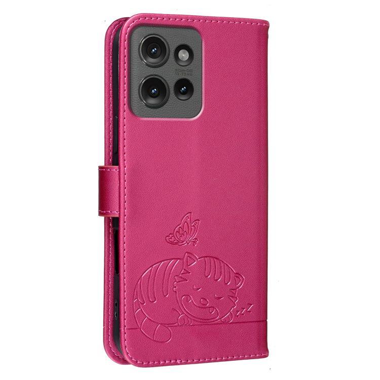 For Motorola Edge 50 Cat Butterfly Embossed RFID Vegan Leather Phone Case with Strap