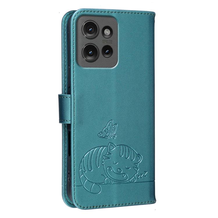 For Motorola Edge 50 Cat Butterfly Embossed RFID Vegan Leather Phone Case with Strap