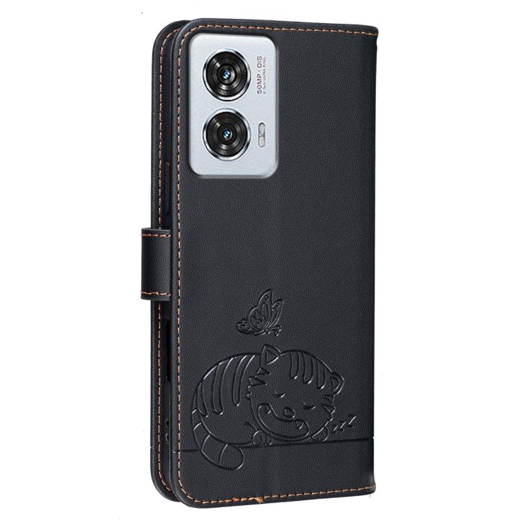 For Motorola Edge 50 Fusion 5G Cat Butterfly Embossed RFID Vegan Leather Phone Case with Strap