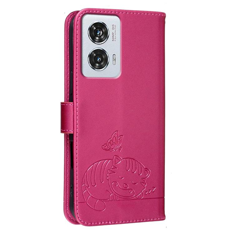 For Motorola Edge 50 Fusion 5G Cat Butterfly Embossed RFID Vegan Leather Phone Case with Strap