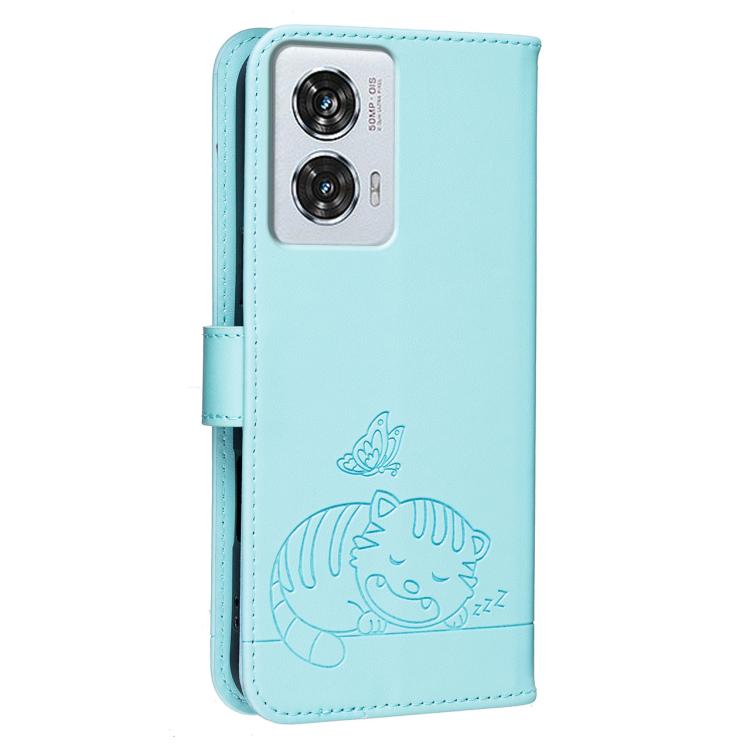 For Motorola Edge 50 Fusion 5G Cat Butterfly Embossed RFID Vegan Leather Phone Case with Strap