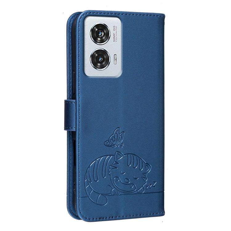 For Motorola Edge 50 Fusion 5G Cat Butterfly Embossed RFID Vegan Leather Phone Case with Strap