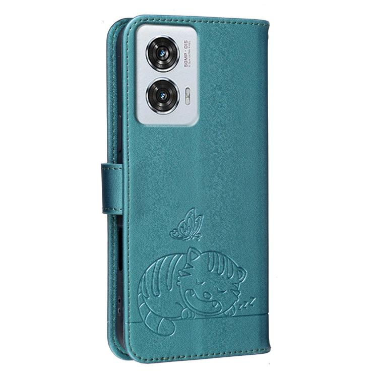 For Motorola Edge 50 Fusion 5G Cat Butterfly Embossed RFID Vegan Leather Phone Case with Strap