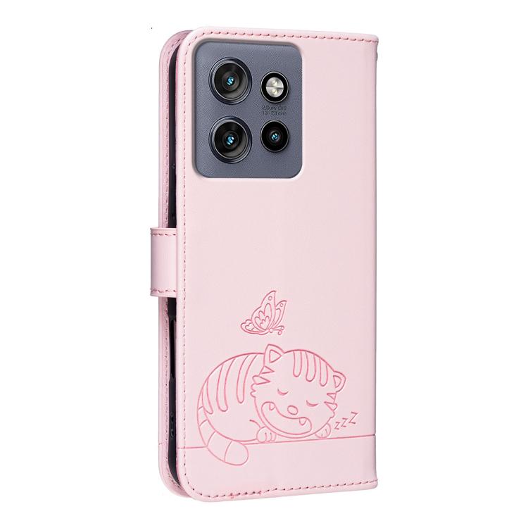 For Motorola Edge 50 Neo Cat Butterfly Embossed RFID Vegan Leather Phone Case with Strap