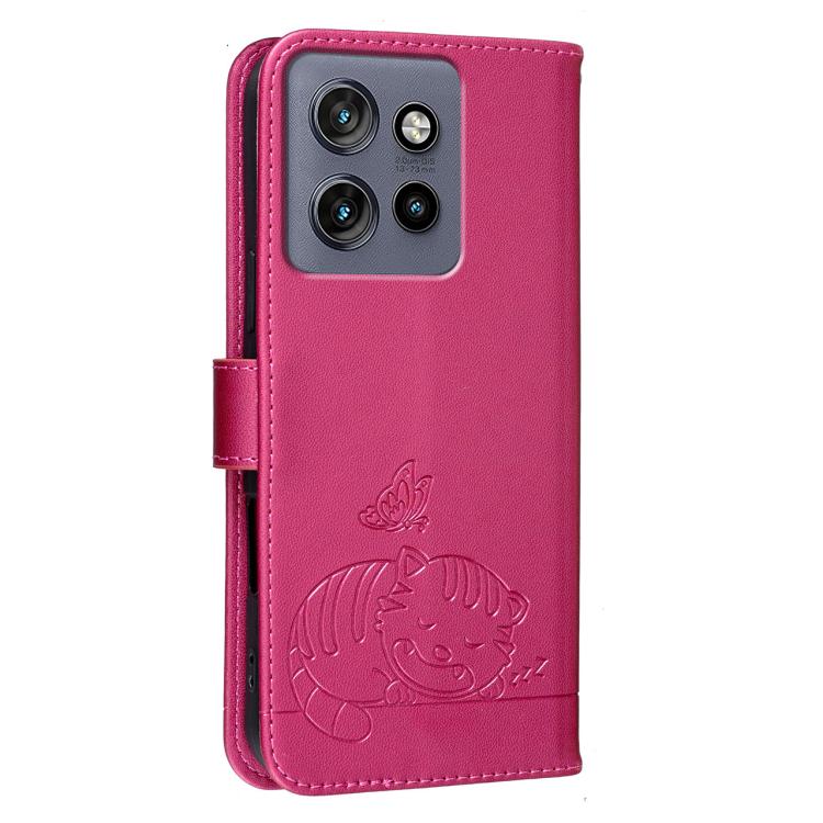 For Motorola Edge 50 Neo Cat Butterfly Embossed RFID Vegan Leather Phone Case with Strap