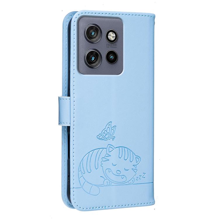 For Motorola Edge 50 Neo Cat Butterfly Embossed RFID Vegan Leather Phone Case with Strap