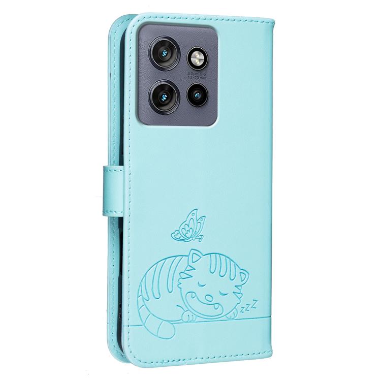 For Motorola Edge 50 Neo Cat Butterfly Embossed RFID Vegan Leather Phone Case with Strap