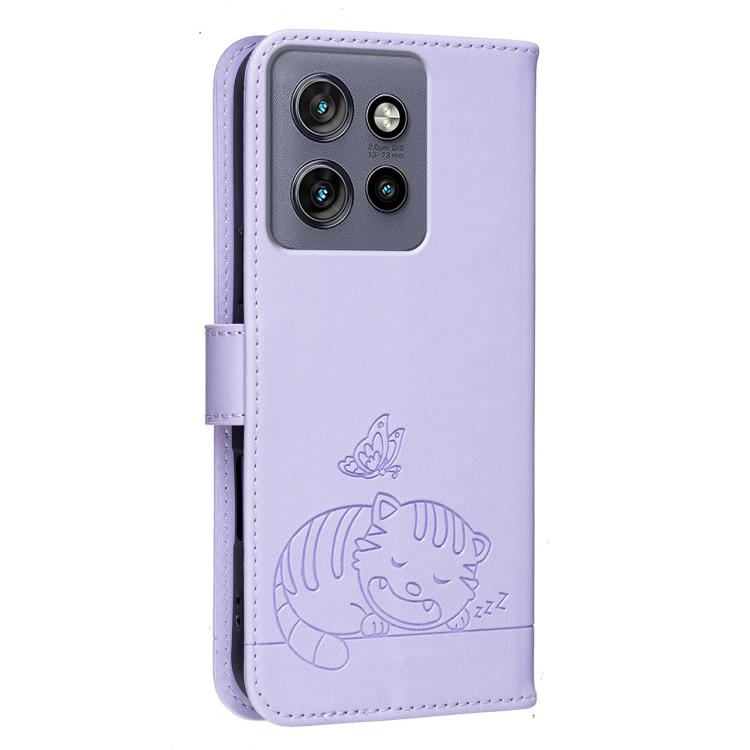 For Motorola Edge 50 Neo Cat Butterfly Embossed RFID Vegan Leather Phone Case with Strap