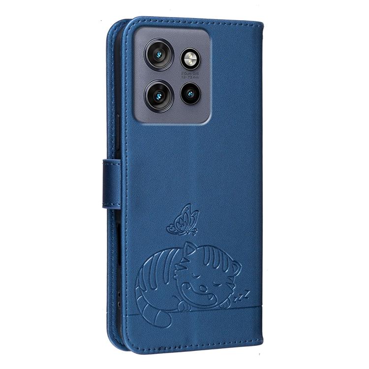 For Motorola Edge 50 Neo Cat Butterfly Embossed RFID Vegan Leather Phone Case with Strap