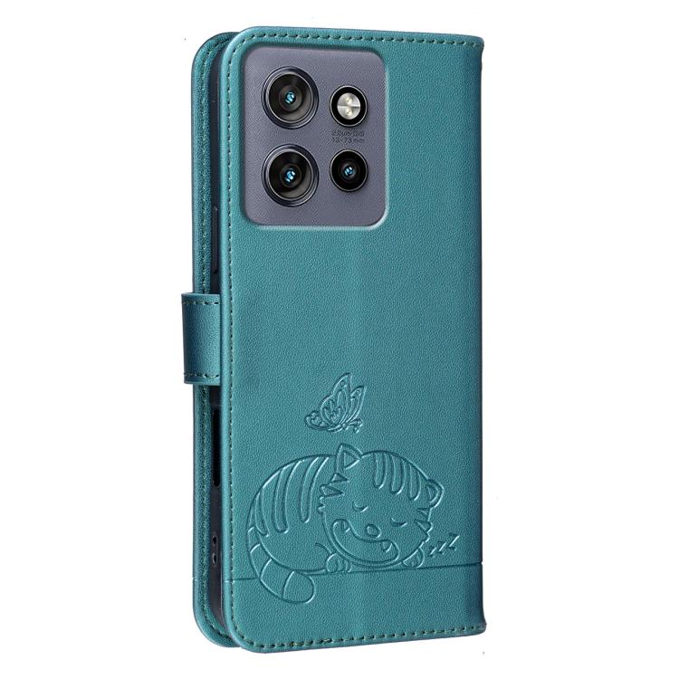 For Motorola Edge 50 Neo Cat Butterfly Embossed RFID Vegan Leather Phone Case with Strap