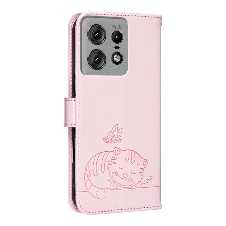 For Motorola Edge 50 Pro Cat Butterfly Embossed RFID Vegan Leather Phone Case with Strap